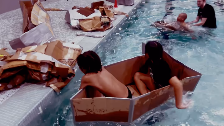 Two campers paddling a cardboard boat across an indoor pool, with soaked cardboard piled on the deck behind them